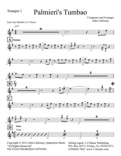 Palmieri's Tumbao (Download) big band Latin jazz printed sheet music www.3-2music.com composer John Calloway 4-4-5 instrumentation