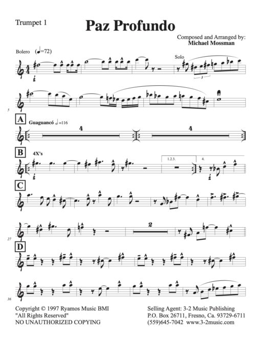 Paz Profundo (Download) Latin jazz printed sheet music www.3-2music.com composer and arranger Michael Mossman big band 4-4-5 instrumentation