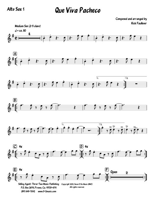 Que Viva Pacheco (Download) Latin jazz printed sheet music composer and arranger Rick Faulkner big band 4-4-5 instrumentation