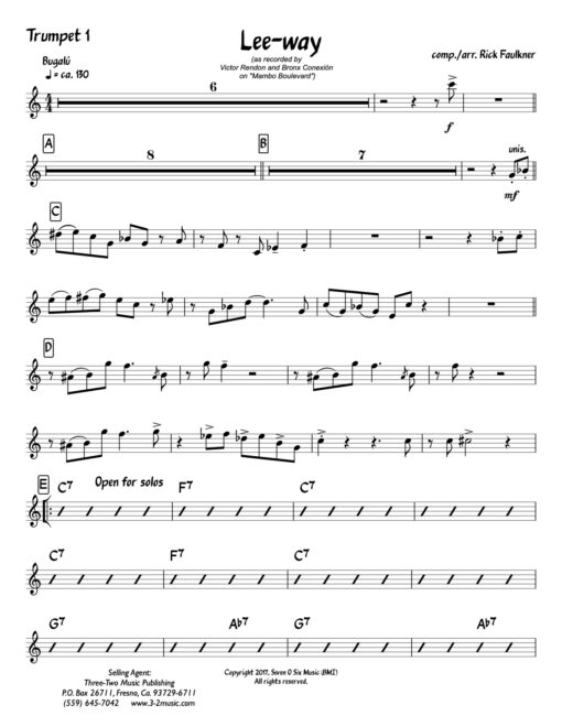 Lee-Way (Download) Latin jazz printed sheet music composer and arranger Rick Faulkner big band 4-4-5 instrumentation bugalú rhythm