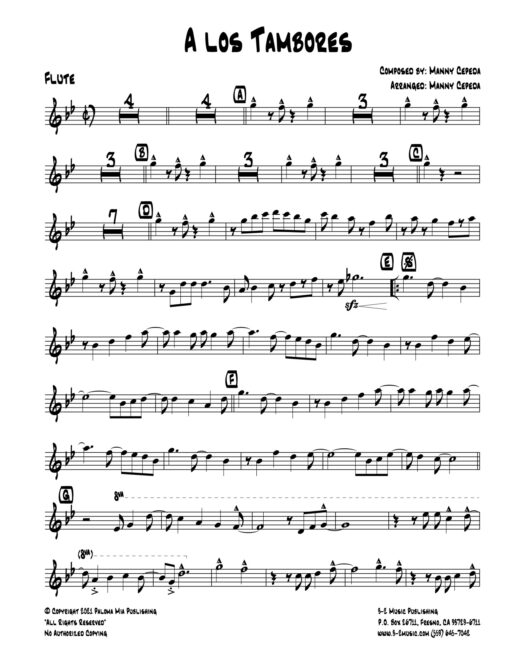 A Los Tambores LBB (Download) Latin jazz printed sheet music www.3-2music.com composer and arranger Manny Cepeda little big band instrumentation