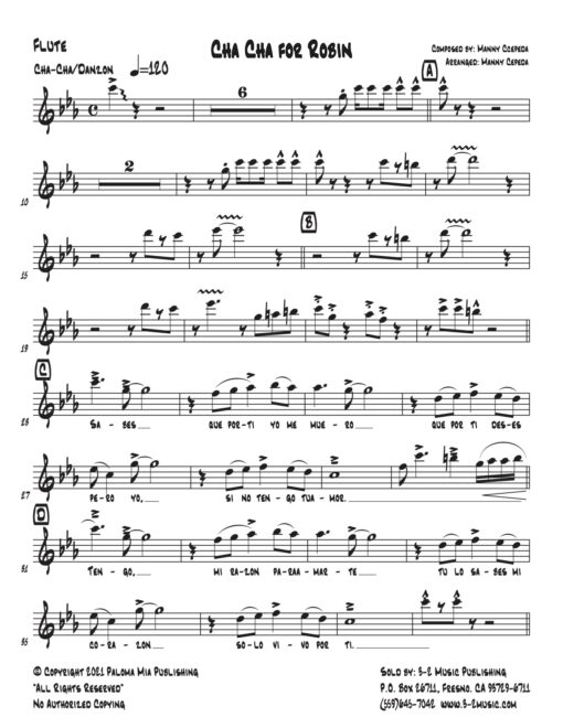Cha Cha for Robin (Download) Latin jazz printed sheet music www.3-2music.com composer and arranger Manny Cepeda little big band instrumentation