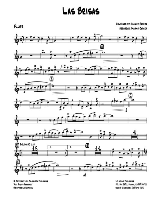 Las Brisas (Download) Latin jazz printed sheet music www.3-2music.com composer and arranger Manny Cepeda little big band instrumentation