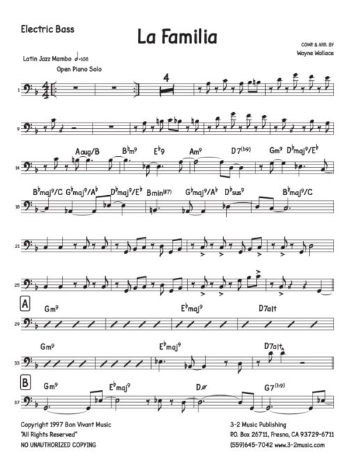 La Familia bass (Download) Latin jazz printed sheet music www.3-2music.com composer and arranger Wayne Wallace big band 4-4-5 instrumentation