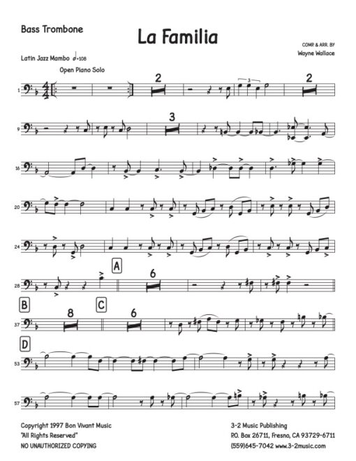 La Familia bass trombone (Download) Latin jazz printed sheet music www.3-2music.com composer and arranger Wayne Wallace big band 4-4-5 instrumentation