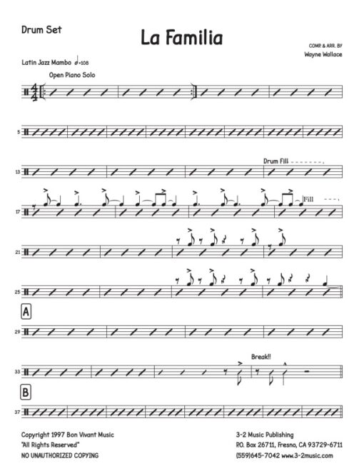 La Familia Drum Set (Download) Latin jazz printed sheet music www.3-2music.com composer and arranger Wayne Wallace big band 4-4-5 instrumentation
