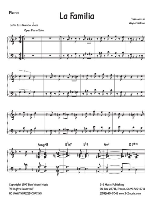 La Familia piano (Download) Latin jazz printed sheet music www.3-2music.com composer and arranger Wayne Wallace big band 4-4-5 instrumentation