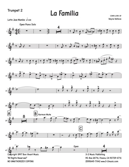 La Familia trumpet 2 (Download) Latin jazz printed sheet music www.3-2music.com composer and arranger Wayne Wallace big band 4-4-5 instrumentation