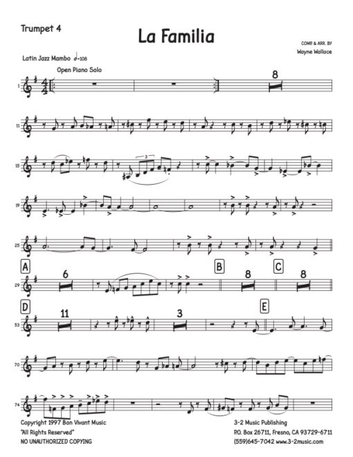 La Familia trumpet 4 (Download) Latin jazz printed sheet music www.3-2music.com composer and arranger Wayne Wallace big band 4-4-5 instrumentation