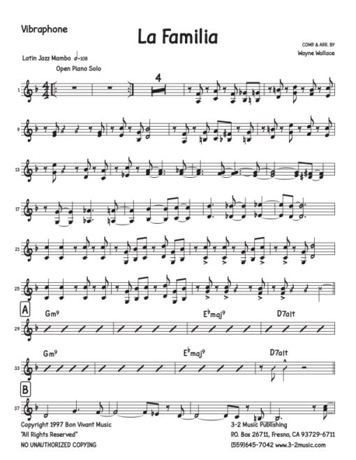 La Familia vibraphone (Download) Latin jazz printed sheet music www.3-2music.com composer and arranger Wayne Wallace big band 4-4-5 instrumentation