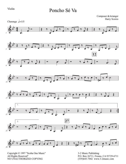 Poncho Sé Va (Download) Latin jazz printed sheet music www.3-2music.com composer Harry Scorzo fute violin piano bass congas timbales