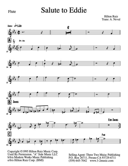 Salute To Eddie flute (Download) Latin jazz printed sheet music www.3-2music.com composer and arranger Hilton Ruiz combo instrumentation