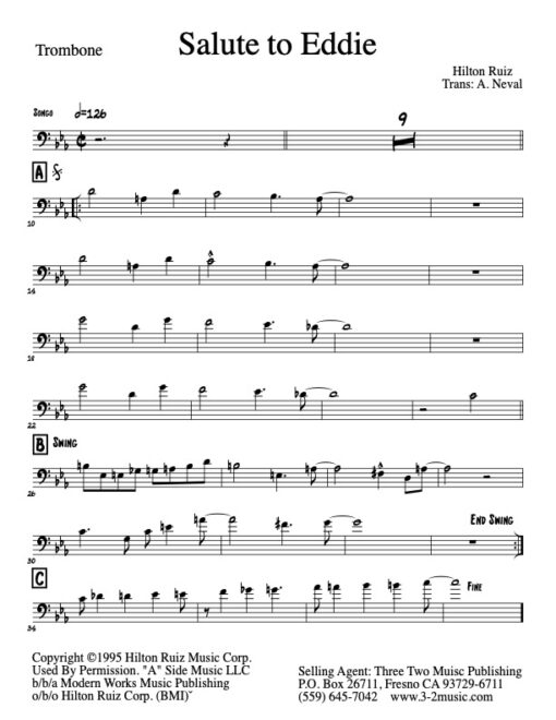 Salute To Eddie piano (Download) Latin jazz printed sheet music www.3-2music.com composer and arranger Hilton Ruiz combo instrumentation