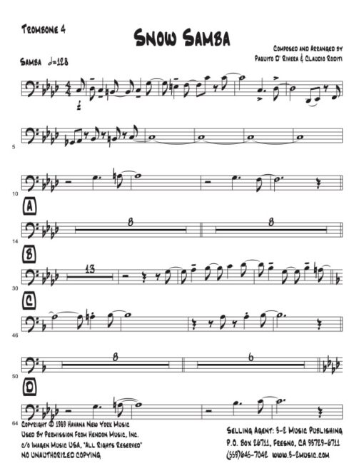 Snow Samba V.1 trombone 4 (Download) Latin jazz printed sheet music www.3-2music.com composer and arranger Paquito D'Rivera big band 4-4-5