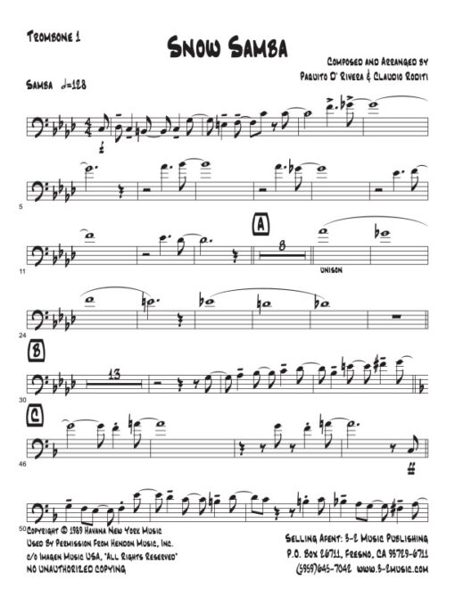 Snow Samba V.2 trombone 1 (Download) Latin jazz printed sheet music www.3-2music.com composer and arranger Paquito D'Rivera big band 4-4-5 instrumentation