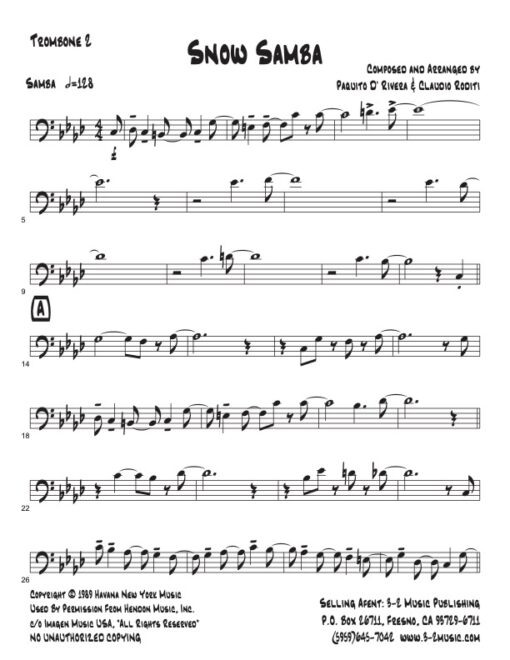 Snow V.2 trombone 2 (Download) Latin jazz printed sheet music www.3-2music.com composer and arranger Paquito D'Rivera big band 4-4-5 instrumentation