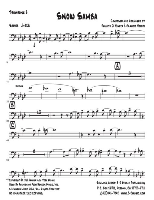 Snow Samba V.2 trombone 3 (Download) Latin jazz printed sheet music www.3-2music.com composer and arranger Paquito D'Rivera big band 4-4-5 instrumentation