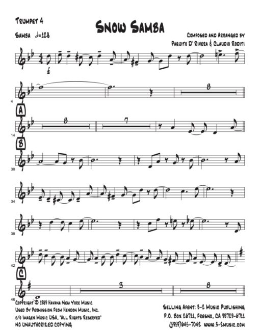 Snow Samba V.2 trumpet 4 (Download) Latin jazz printed sheet music www.3-2music.com composer and arranger Paquito D'Rivera big band 4-4-5 instrumentation