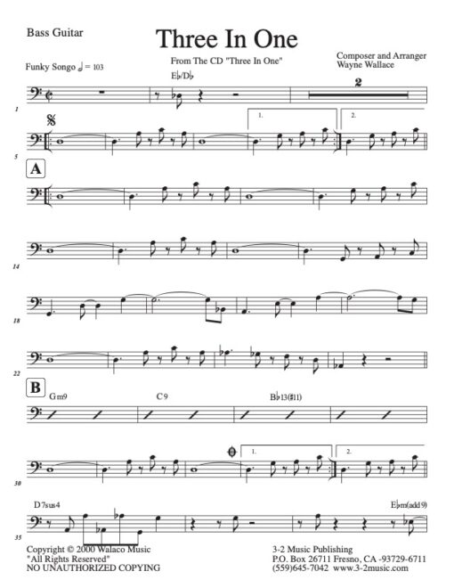 Three In One Bass (Download) Latin Jazz printed sheet music www.3-2music.com composer Wayne Wallace septet (combo) instrumentation CD Three In One