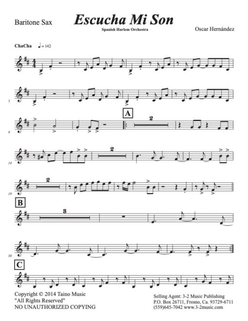 Escucha baritone sax (Download) Latin jazz printed sheet music www.3-2music.com composer and arranger Oscar Hernández combo (tentet)