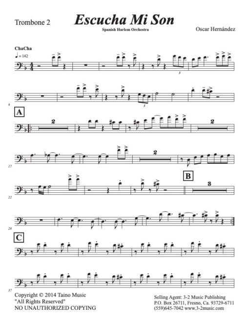 Escucha trombone 2 (Download) Latin jazz printed sheet music www.3-2music.com composer and arranger Oscar Hernández combo (tentet) instrumentation