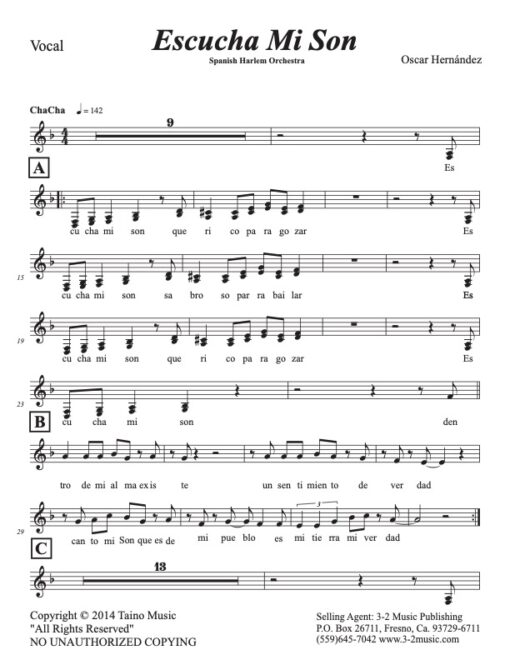 Escucha Mi Son vocal (Download) Latin jazz printed sheet music www.3-2music.com composer and arranger Oscar Hernández combo (tentet) instrumentation