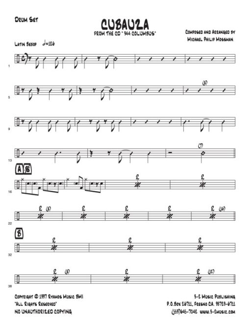 Cubauza drum set (Download) Latin jazz printed big band sheet music www.3-2music.com composer Michael Mossman 4-4-5 rhythm Latin scores