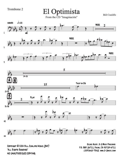 El Optimista trombone 2 (Download) Latin jazz Afro Caribbean jazz combo sheet music www.3-2music.com composer and arranger Bill Cunliffe