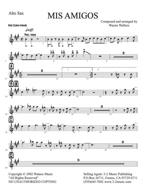 Mis Amigos alto 1 (Download) Latin jazz printed big band sheet music www.3-2music.com composer and arranger Wayne Wallace 4-4-5 rhythm Latin scores