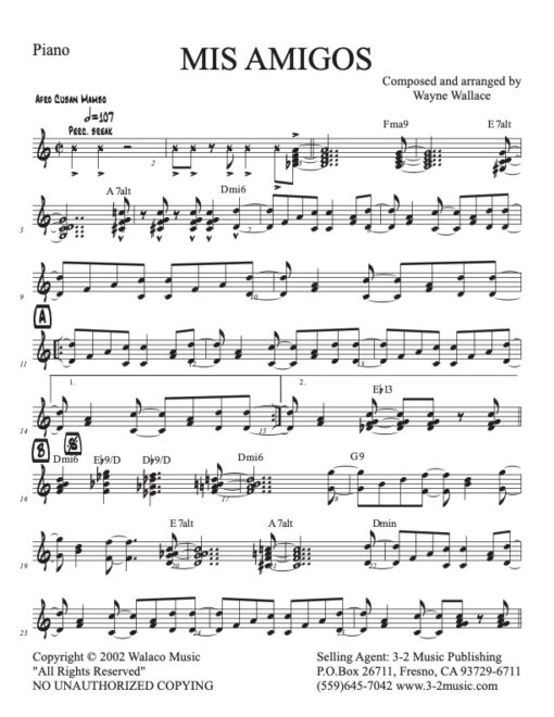 Mis Amigos piano (Download) Latin jazz printed big band sheet music www.3-2music.com composer and arranger Wayne Wallace 4-4-5 rhythm Latin scores