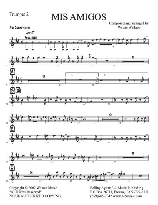 Mis Amigos trumpet 2 (Download) Latin jazz printed big band sheet music www.3-2music.com composer and arranger Wayne Wallace 4-4-5 rhythm Latin scores