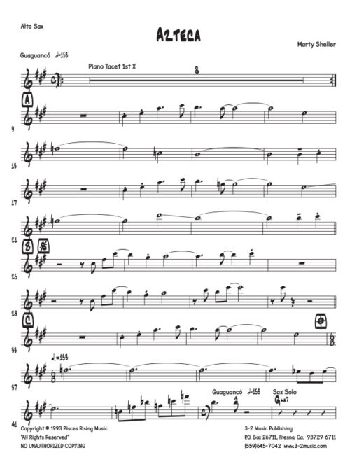 Azteca alto (Download) Latin jazz printed sheet music www.3-2music.com composer Marty Sheller combo (septet) instrumentation CD Mambo Mongo