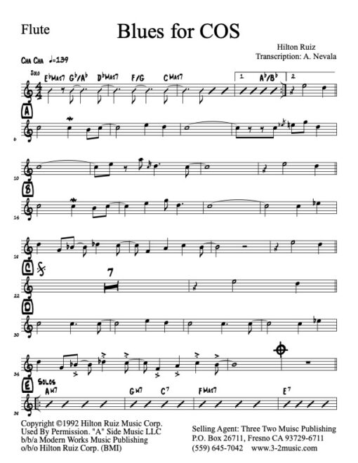 Blues For COS flute (Download) Latin jazz sheet music www.3-2music.com composer Hilton Ruiz instrumentation tenor trumpet trombone rhythm (4)