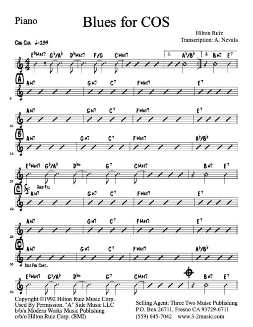 Blues For COS piano (Download) Latin jazz sheet music www.3-2music.com composer and arranger Hilton Ruiz combo (septet) instrumentation