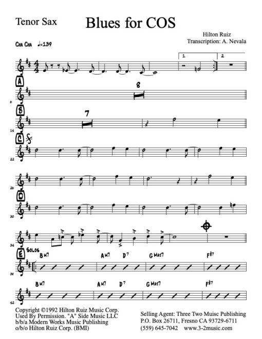 Blues For COS tenor (Download) Latin jazz sheet music www.3-2music.com composer and arranger Hilton Ruiz combo (septet) instrumentation