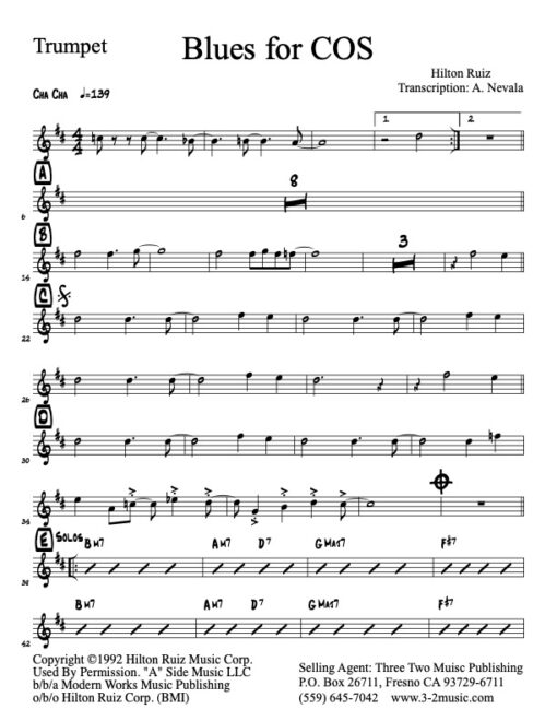Blues For COS trumpet part (Download) Latin jazz sheet music www.3-2music.com composer Hilton Ruiz instrumentation tenor trumpet trombone rhythm (4)