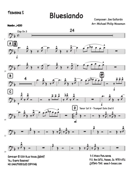 Bluesiando trombone 2 (Download) Latin jazz big band printed sheet music www.3-2music.com composer and arranger Joe Gallardo CD Latin Jazz Latino