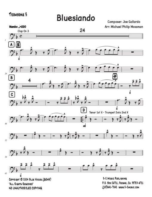 Bluesiando trombone 3 (Download) Latin jazz big band printed sheet music www.3-2music.com composer and arranger Joe Gallardo CD Latin Jazz Latino