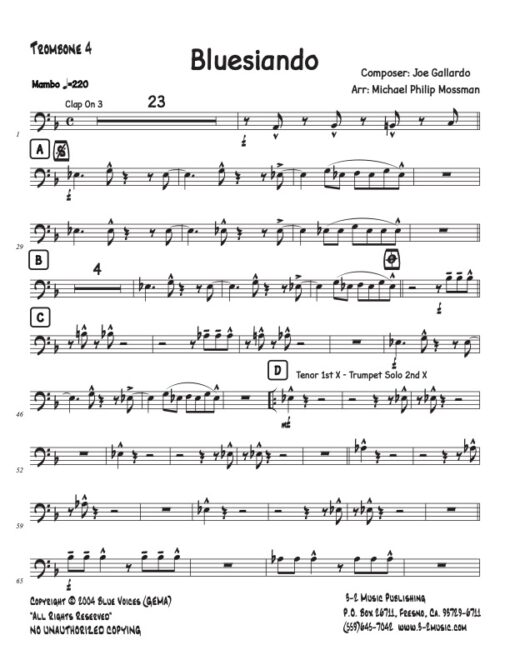 Bluesiando trombone 4 (Download) Latin jazz big band printed sheet music www.3-2music.com composer and arranger Joe Gallardo CD Latin Jazz Latino
