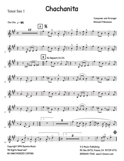 Chachanita V.2 tenor 1 (Download) Latin jazz printed sheet music www.3-2music.com composer and arranger Michael Mossman 4-4-5 big band instrumentation