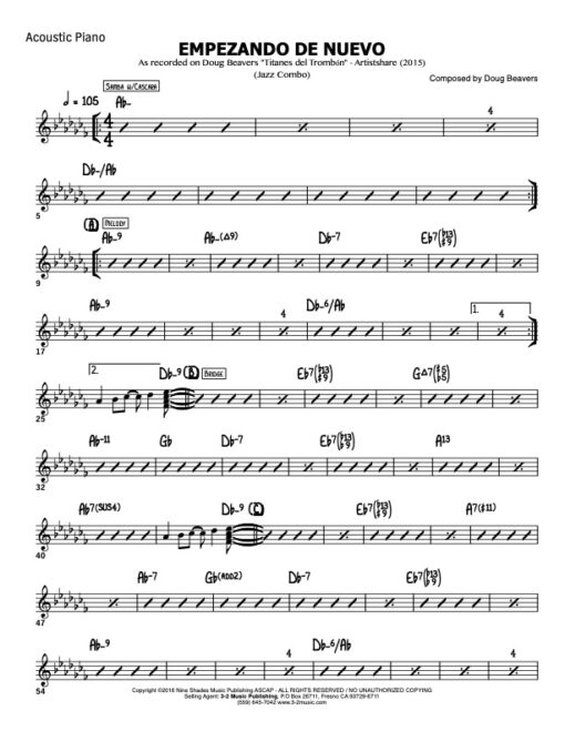 Empezando de Nuevo V.1 piano (Download) Latin jazz printed combo sheet music www.3-2music.com composer and arranger Doug Beavers combo (sextet)