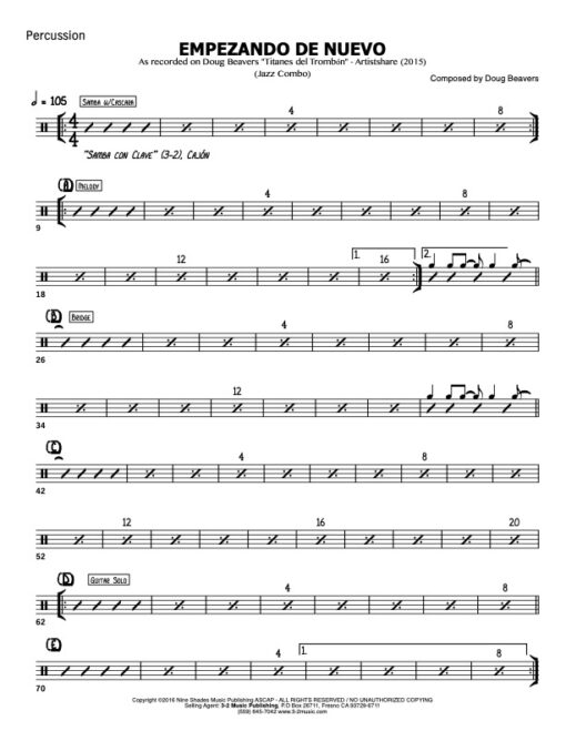 Empezando de Nuevo V.1 percussion (Download) Latin jazz printed combo sheet music www.3-2music.com composer and arranger Doug Beavers combo (sextet)