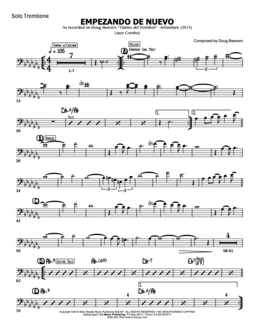 Empezando de Nuevo V.1 trombone part (Download) Latin jazz printed combo sheet music www.3-2music.com composer and arranger Doug Beavers combo (sextet)