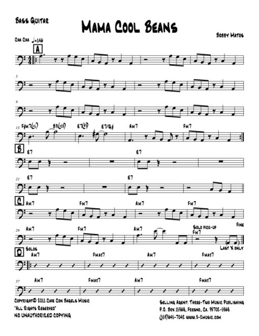 Mama Cool Beans bass (Download) Latin jazz printed sheet music www.3-2music.com composer Bobby Matos combo (septet) instrumentation