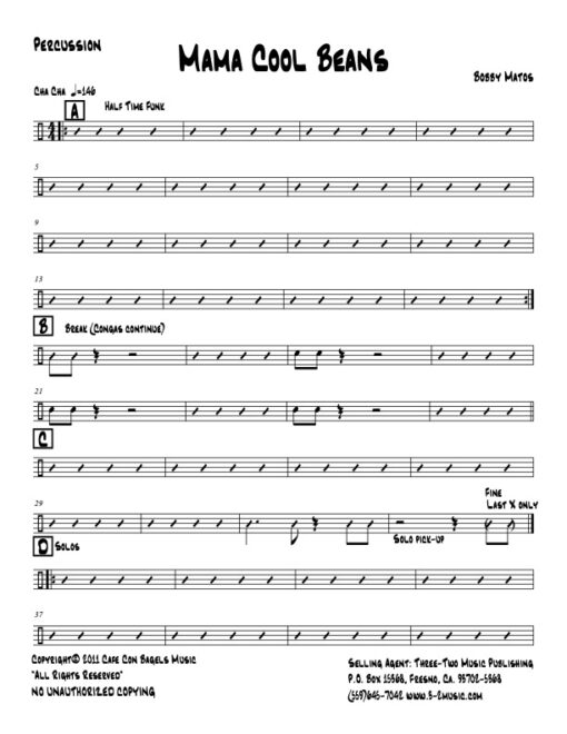 Mama Cool Beans percussion (Download) Latin jazz printed sheet music www.3-2music.com composer Bobby Matos combo (septet) instrumentation