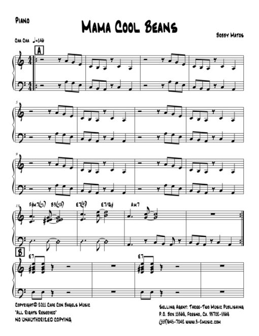 Mama Cool Beans piano (Download) Latin jazz printed sheet music www.3-2music.com composer Bobby Matos combo (septet) instrumentation