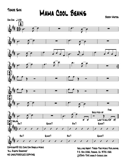 Mama Cool Beans tenor (Download) Latin jazz printed sheet music www.3-2music.com composer Bobby Matos combo (septet) instrumentation