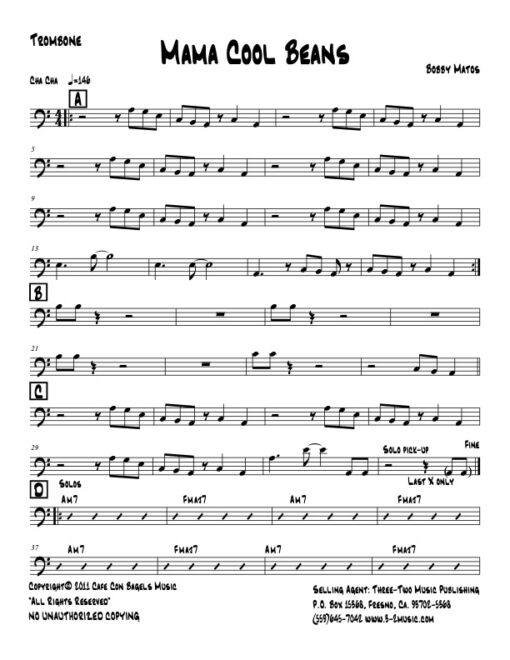Mama Cool Beans trombone (Download) Latin jazz printed sheet music www.3-2music.com composer Bobby Matos combo (septet) instrumentation
