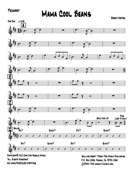 Mama Cool Beans trumpet part (Download) Latin jazz printed sheet music www.3-2music.com composer Bobby Matos combo (septet) instrumentation