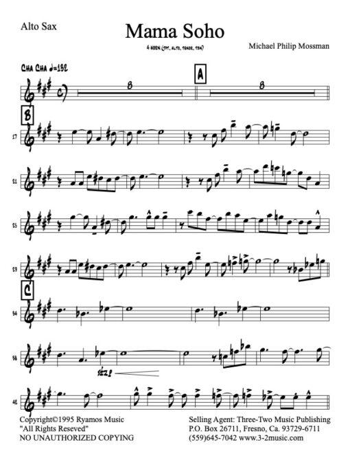 Mama Soho alto (Download) Latin jazz combo printed sheet music www.3-2music.com composer and arranger Michael Mossman combo 4 horns guitar rhythm